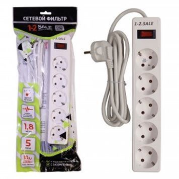 1-2.SALE сетевой фильтр ПВС 3х0.75 5роз. 1.8м 10А 2200W БЕЛЫЙ земля, выкл. E1М 901415