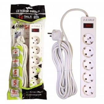 1-2.SALE сетевой фильтр ПВС 3х0.75 5роз. 5м 10А БЕЛЫЙ, земля, выкл. E1М 901419