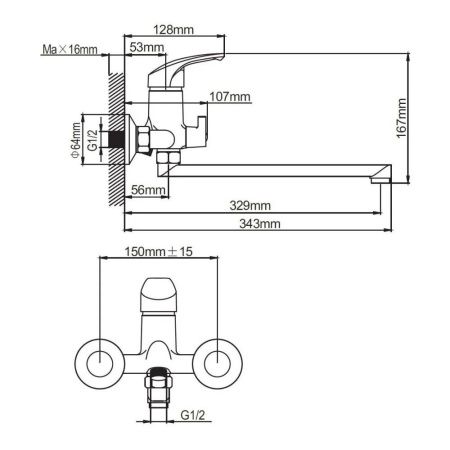 Смеситель для ванны и умывальника монокомандный  хром  Potato Эверест B22-029M