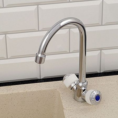 Смеситель для кухни двухручковый  белый с хромом  Potato Эверест B59-356A