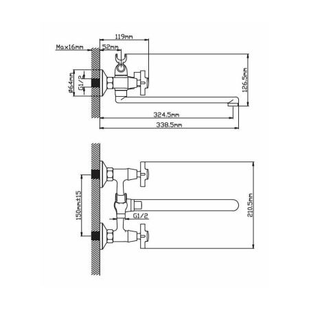 Смеситель для ванны и умывальника двухручковый  хром  Potato Эверест B23-354
