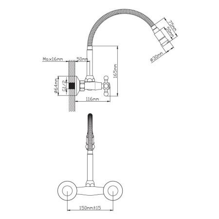 Смеситель для кухни двухручковый хром Potato Эверест B 47-333 (гибкий излив)