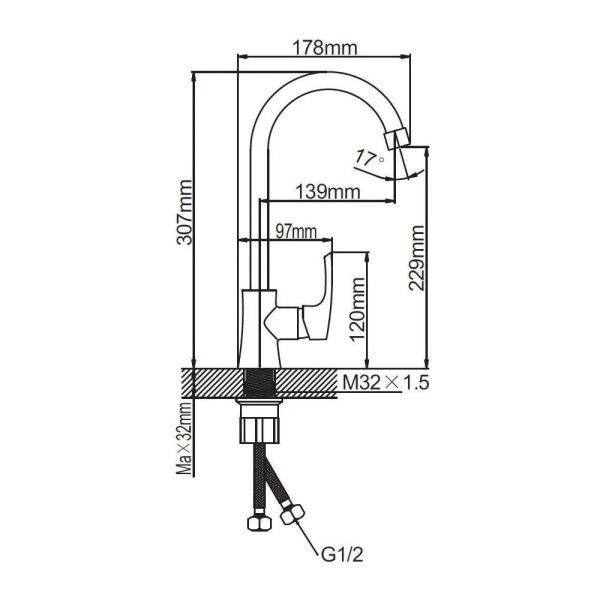 Смеситель для кухни монокомандный хром Potato Эверест B 40-032