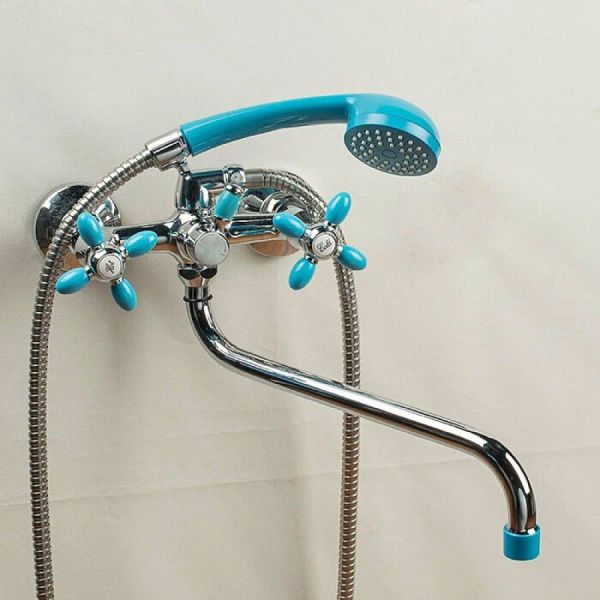 Смеситель для ванны и умывальника двухручковый  синий с хромом  Potato Эверест B22-071D