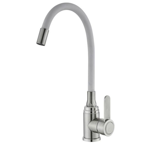 Смеситель для кухни монокомандный белый/хром Potato P 58304S-7 (гибкий излив)