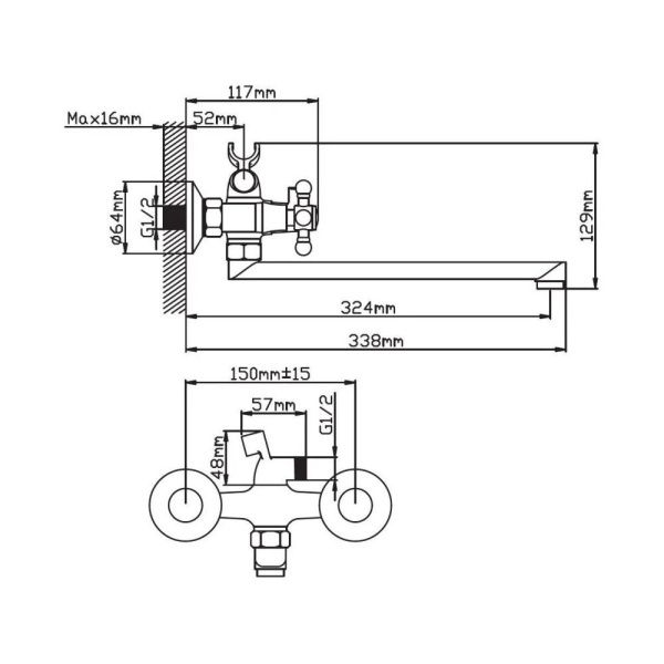 Смеситель для ванны и умывальника двухручковый  хром  Potato Эверест B23-333