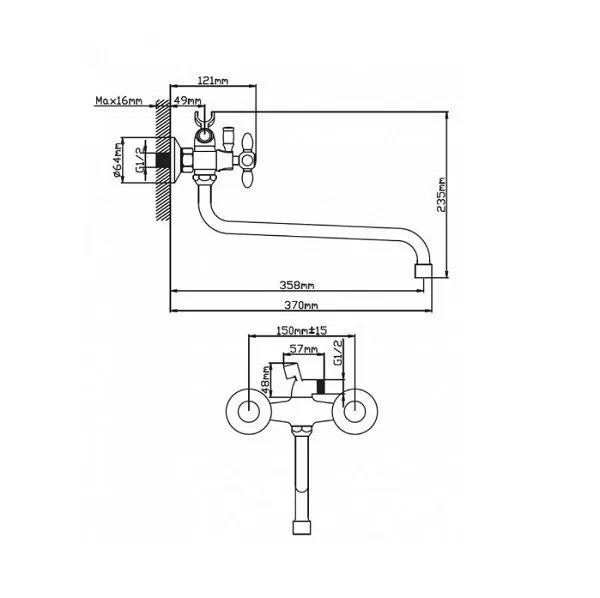 Смеситель для ванны и умывальника двухручковый черный/хром Potato Эверест B 22-071F