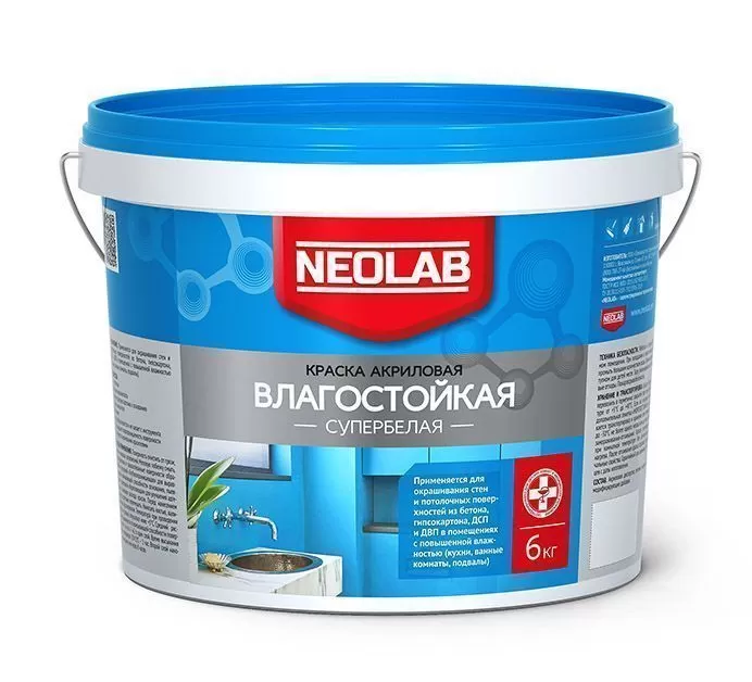 Акриловая супербелая краска ВЛАГОСТОЙКАЯ 6 кг (уп. 1 шт.) NEOLAB